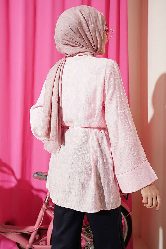 Chemise rose à motif cachemire avec ceinture à cordon