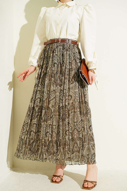 Gonna in tulle beige con cintura e motivo paisley