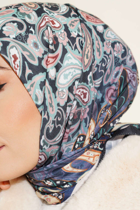 Beige Navy Paisley Patterned Soft Cotton Scarf