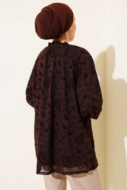 Paisley Desenli Tül Gömlek Kahve