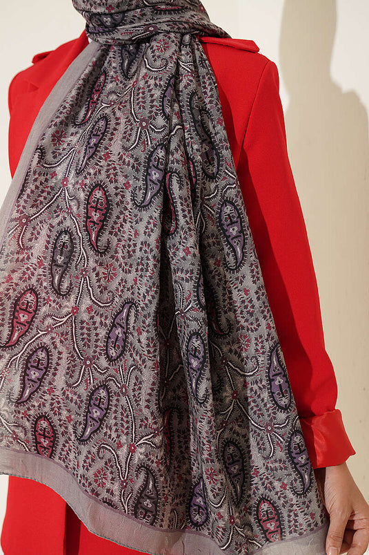 Paisley Kraş Modal Şal Taş Gri