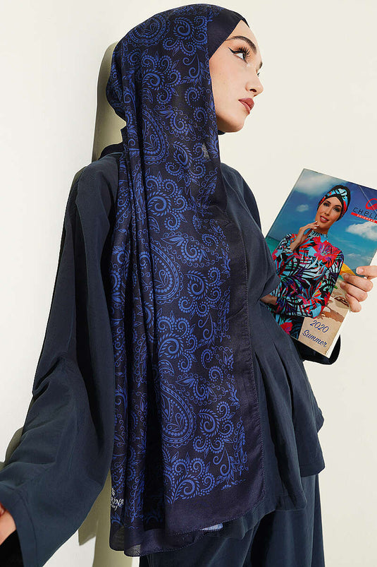 Paisley Motifli Soft Şal Lacivert
