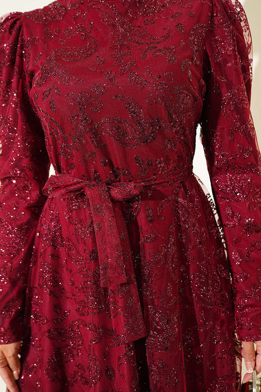 Paisley Simli Pullu Abiye Elbise Bordo