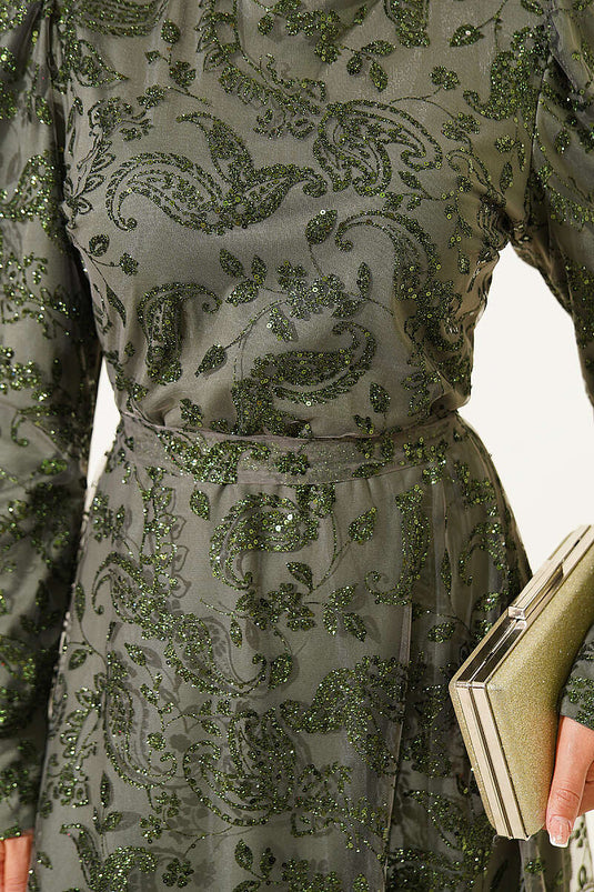Paisley Simli Pullu Abiye Elbise Haki