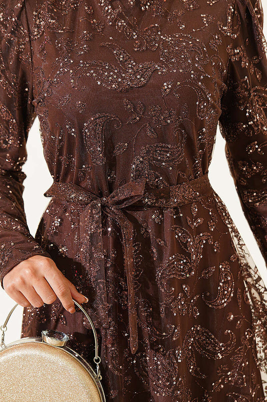 Paisley Simli Pullu Abiye Elbise Kahve