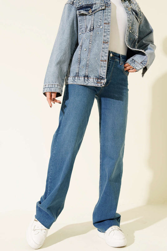 Palazzo Kesik Paça Detaylı Kot Pantolon Açık Mavi