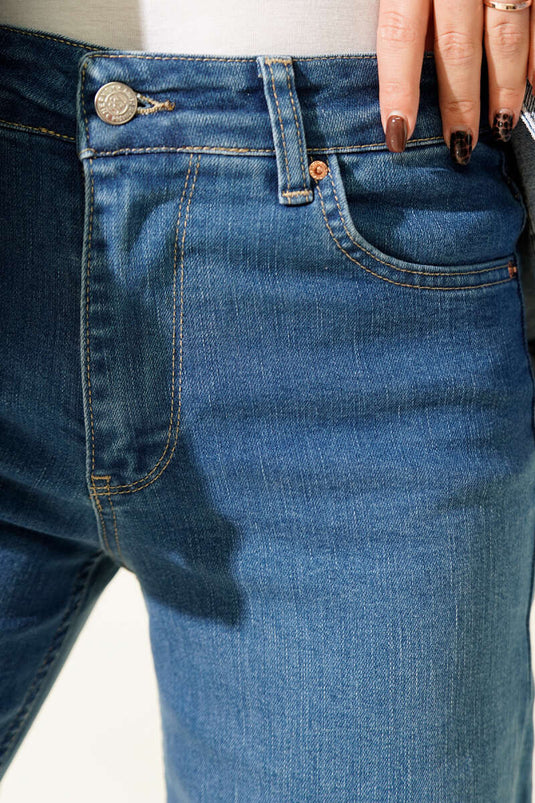 Palazzo Kesik Paça Detaylı Kot Pantolon Açık Mavi