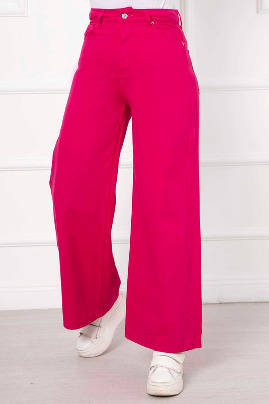 Pantalon En Denim Coloré Palazzo Fuchsia