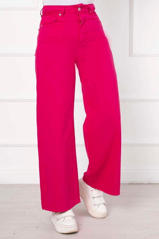 Pantalon En Denim Coloré Palazzo Fuchsia