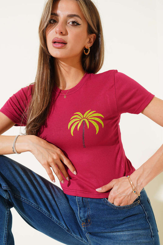 Palmenmuster-Crop-Burgunderrot