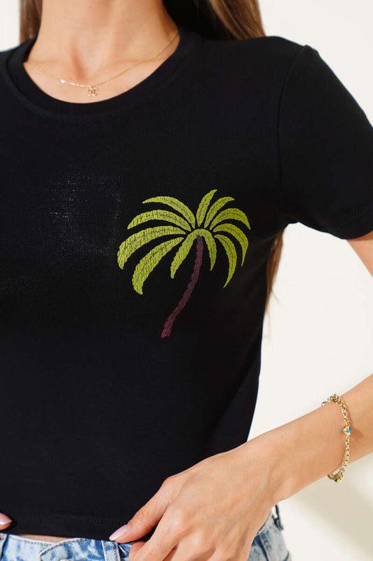 Palmenmuster-Crop-Top, Schwarz