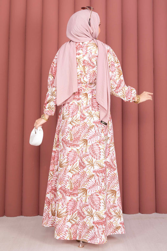 Robe à taille froncée motif Palmiye rose
