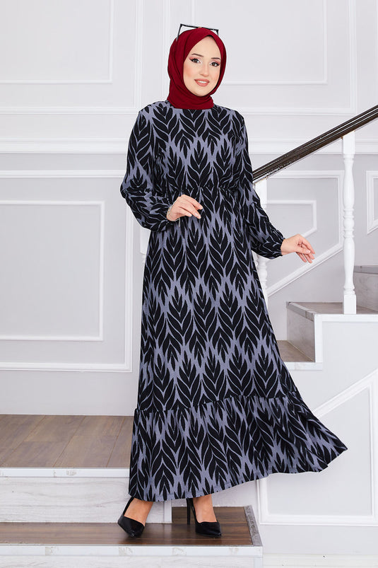 Vestido hijab de crepé con estampado de palmeras en color gris