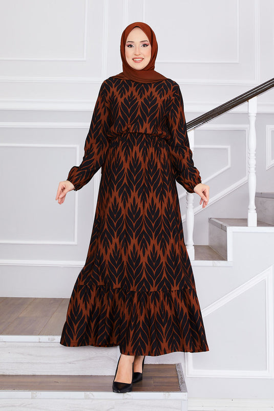 Palm Leaf Pattern Ruffled Modest Dress Brown