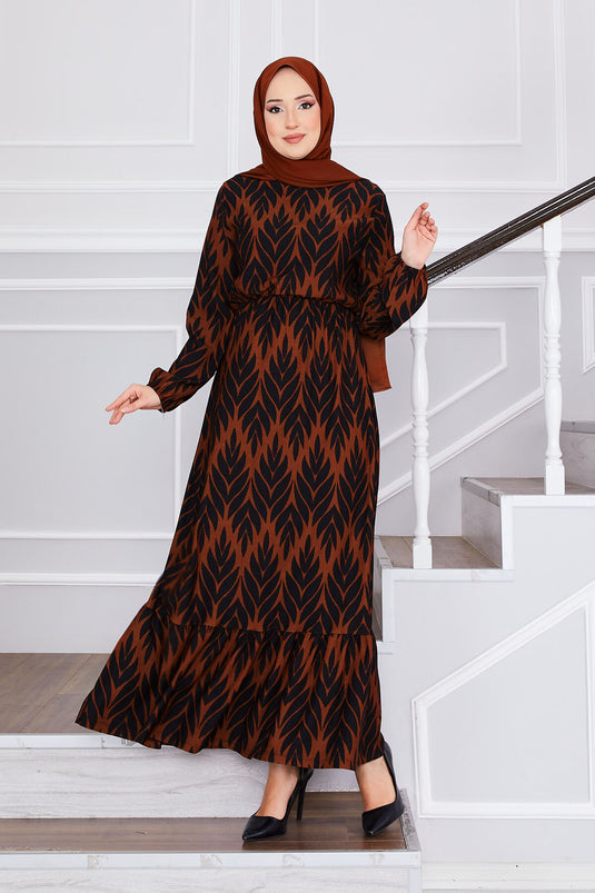 Palm Leaf Pattern Ruffled Modest Dress Brown