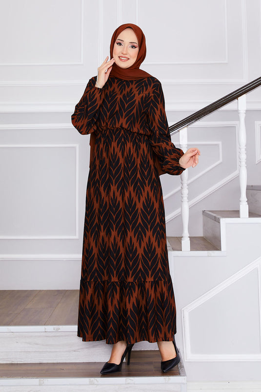 Palm Leaf Pattern Ruffled Modest Dress Brown