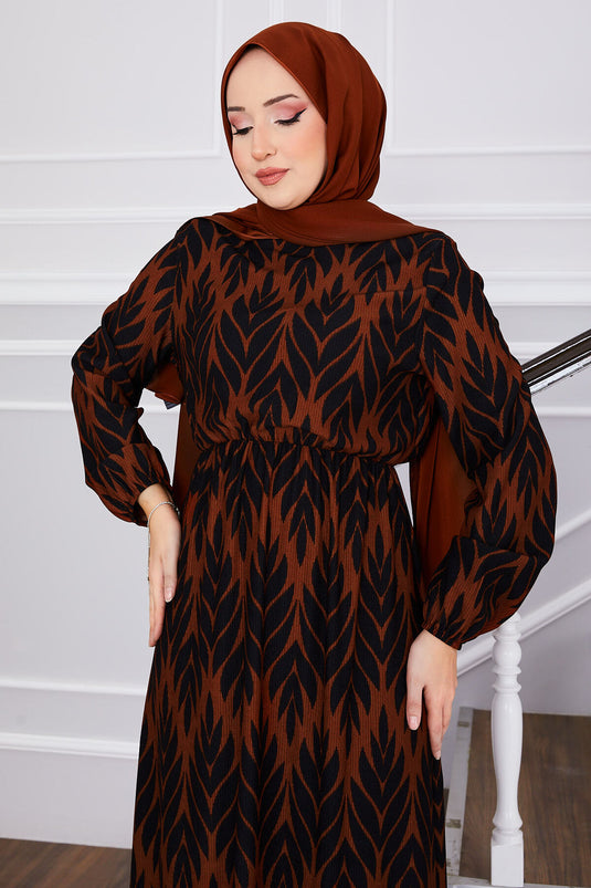 Palm Leaf Pattern Ruffled Modest Dress Brown