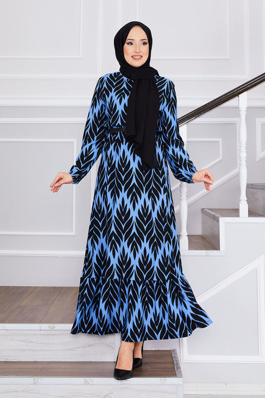 Palm Leaf Pattern Ruffled Modest Dress Blue