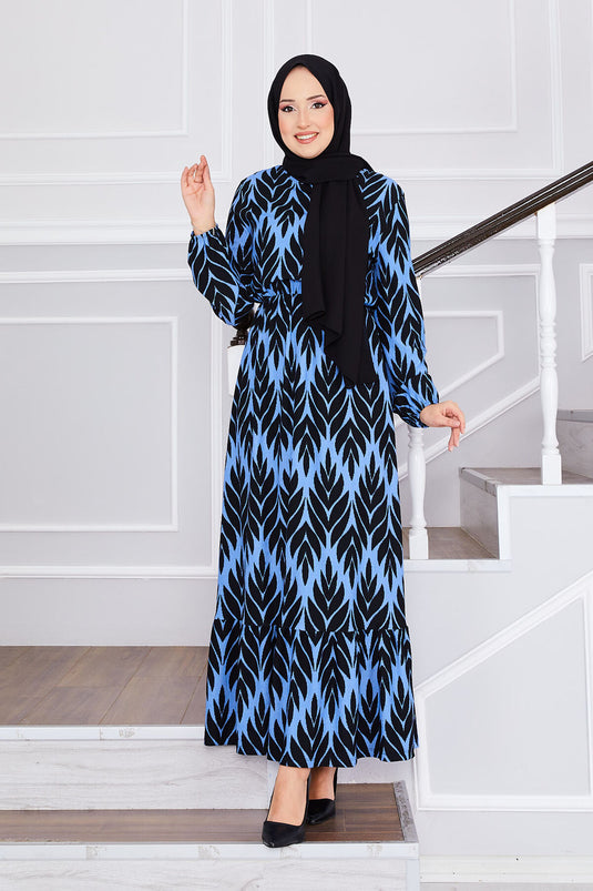 Palm Leaf Pattern Ruffled Modest Dress Blue