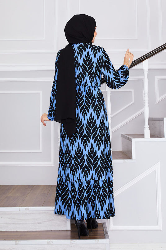 Palm Leaf Pattern Ruffled Modest Dress Blue