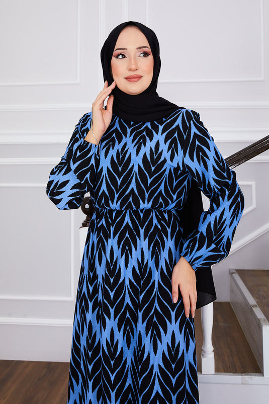 Palm Leaf Pattern Ruffled Modest Dress Blue