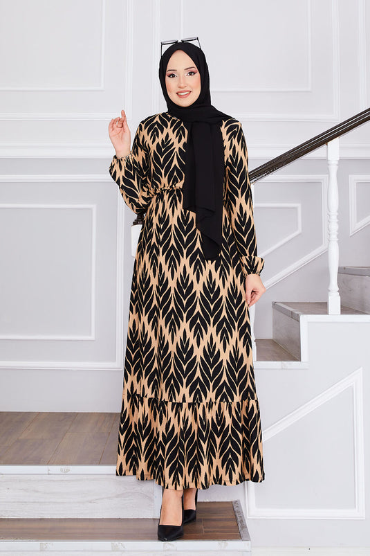 Palm Leaf Pattern Ruffled Modest Dress Black