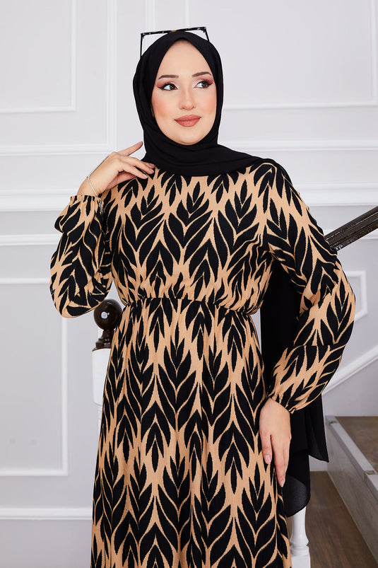 Palm Leaf Pattern Ruffled Modest Dress Black