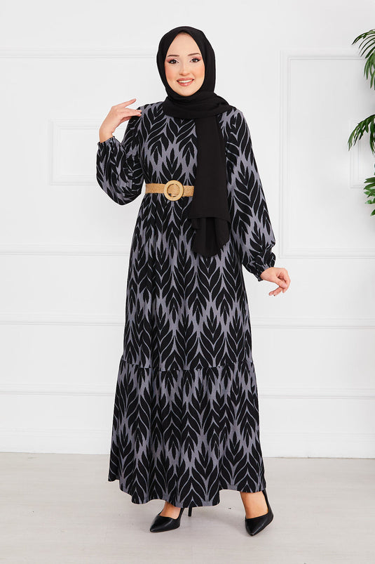 Robe hijab en crêpe avec ceinture et motif palmiers, grise