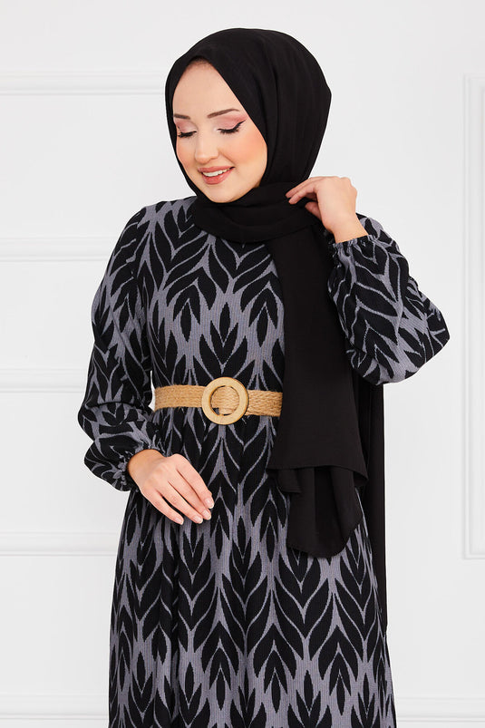 Hijab-Kleid aus Crêpe mit Palmenmuster und Gürtel in Grau