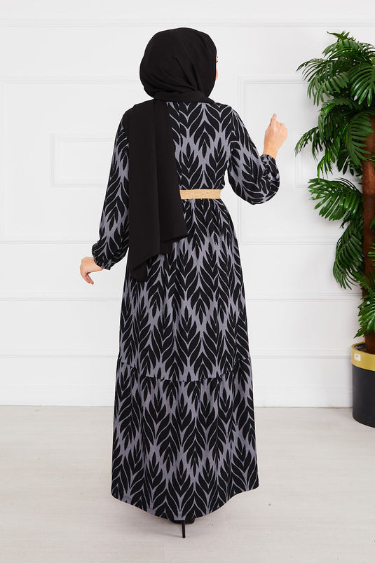 Palm Leaf Pattern Belted Pleated Modest Dress Gray