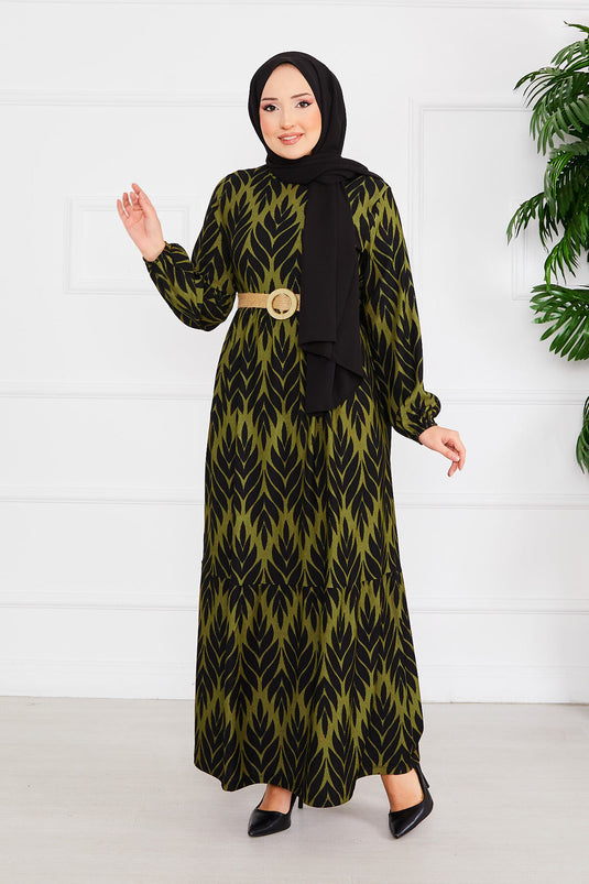 Palm Leaf Pattern Belted Pleated Modest Dress Khaki