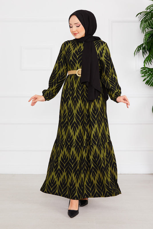 Palm Leaf Pattern Belted Pleated Modest Dress Khaki