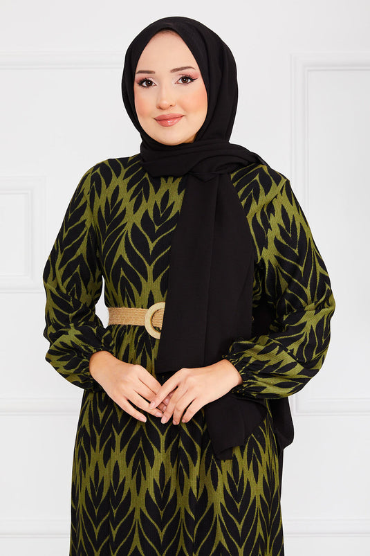 Palm Leaf Pattern Belted Pleated Modest Dress Khaki