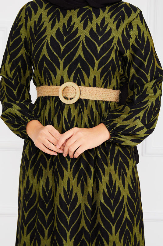 Palm Leaf Pattern Belted Pleated Modest Dress Khaki