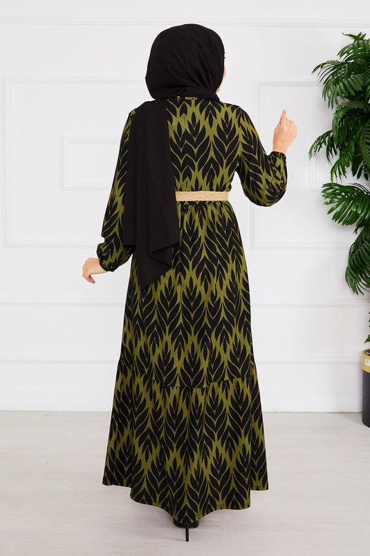 Palm Leaf Pattern Belted Pleated Modest Dress Khaki