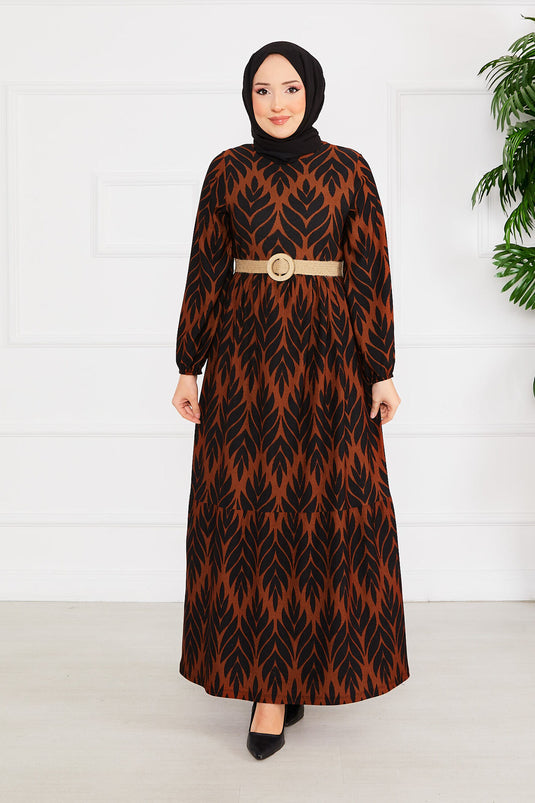 Palm Leaf Pattern Belted Pleated Modest Dress Brown