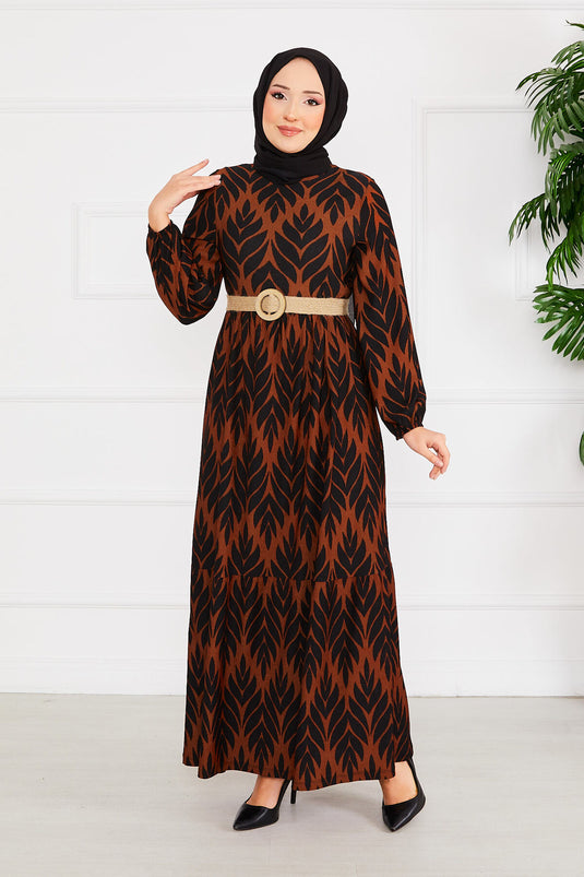 Palm Leaf Pattern Belted Pleated Modest Dress Brown