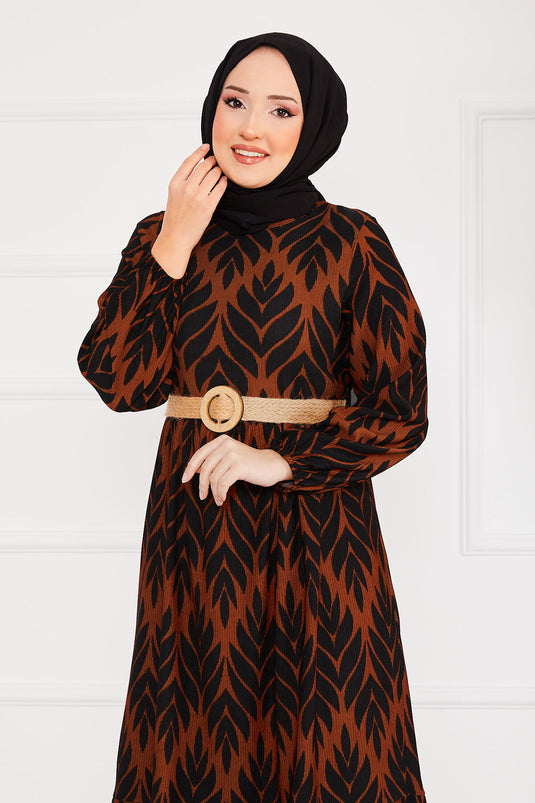 Palm Leaf Pattern Belted Pleated Modest Dress Brown