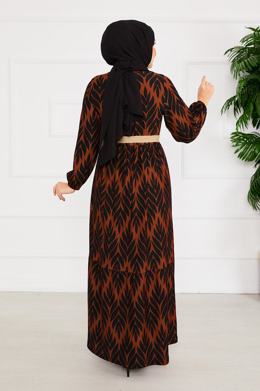 Palm Leaf Pattern Belted Pleated Modest Dress Brown