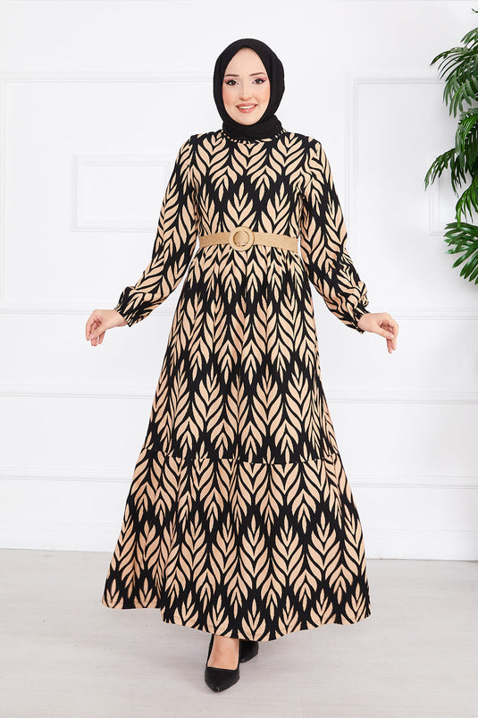 Palm Leaf Pattern Belted Pleated Modest Dress Black