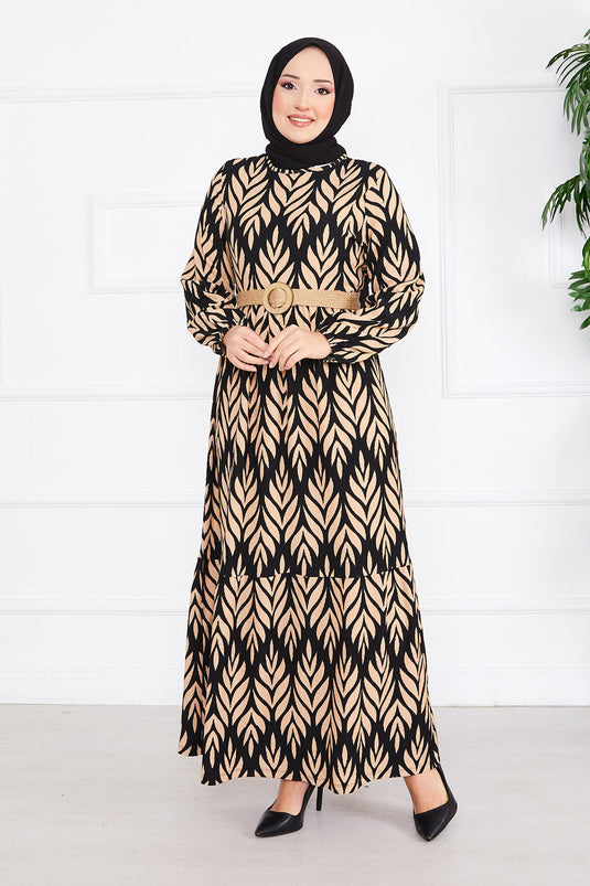 Palm Leaf Pattern Belted Pleated Modest Dress Black