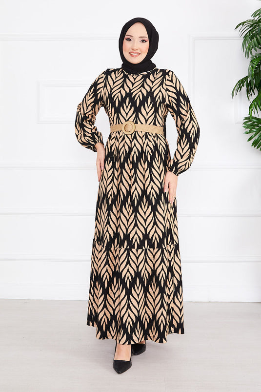 Palm Leaf Pattern Belted Pleated Modest Dress Black