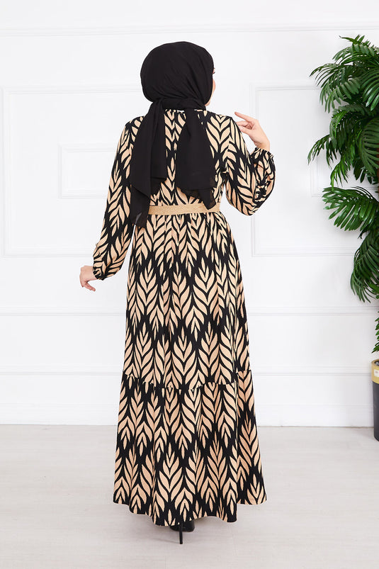 Palm Leaf Pattern Belted Pleated Modest Dress Black