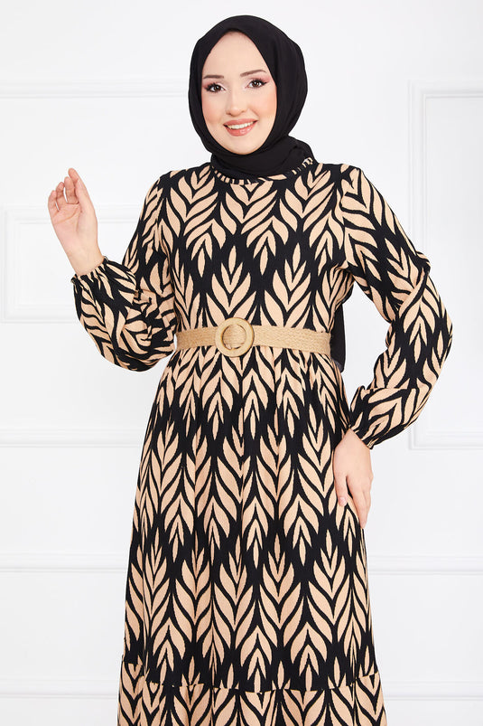 Palm Leaf Pattern Belted Pleated Modest Dress Black