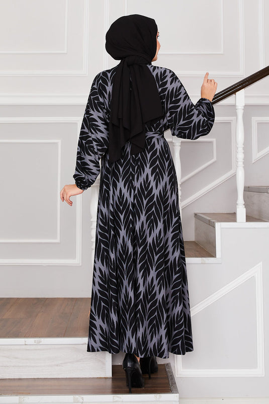 Robe hijab en crêpe avec ceinture et motif palmiers, grise