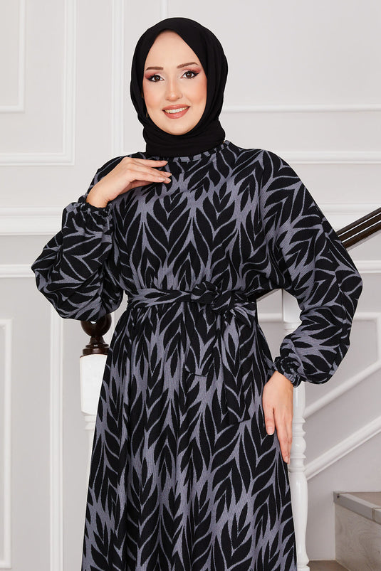 Robe hijab en crêpe avec ceinture et motif palmiers, grise