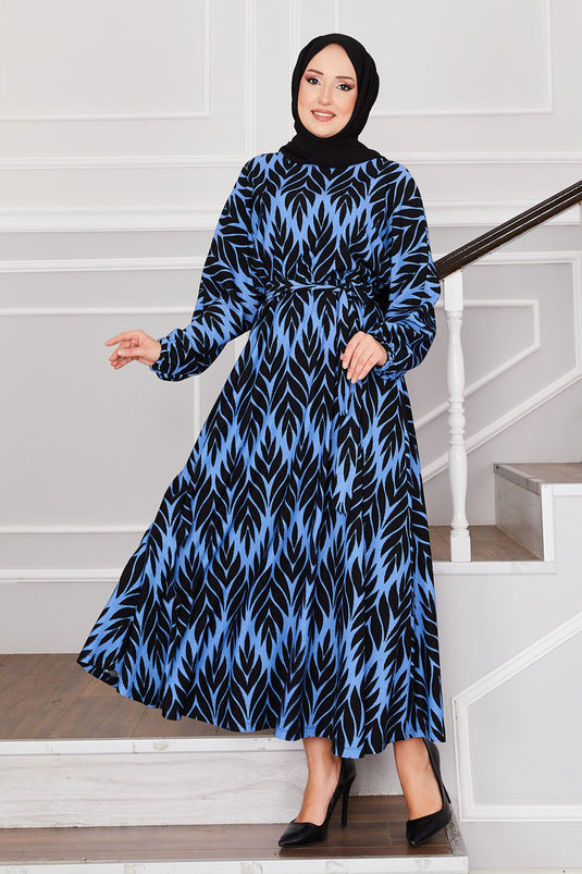 Palm Leaf Pattern Belted Pleated Modest Dress Indigo