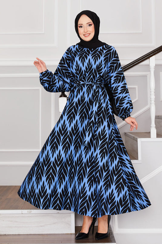 Palm Leaf Pattern Belted Pleated Modest Dress Indigo