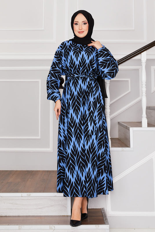 Palm Leaf Pattern Belted Pleated Modest Dress Indigo