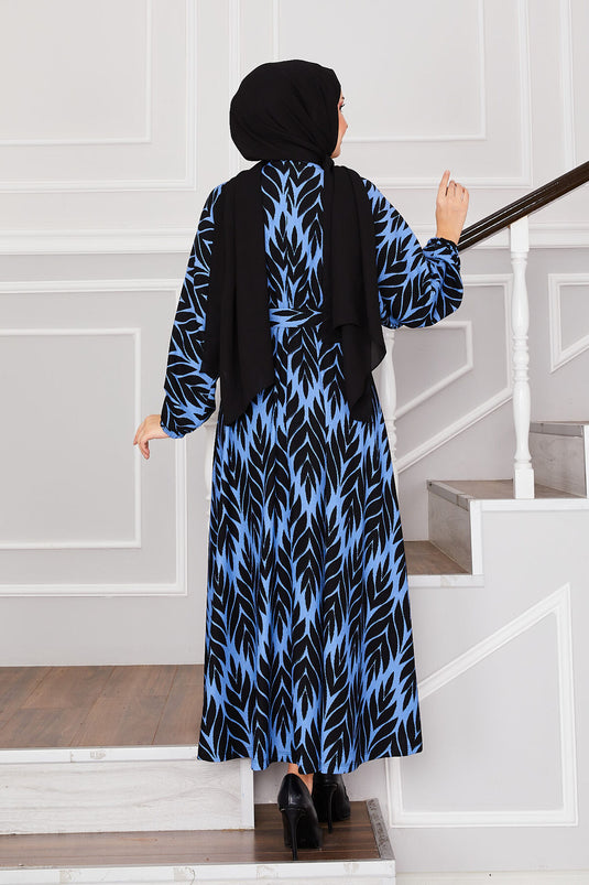 Palm Leaf Pattern Belted Pleated Modest Dress Indigo